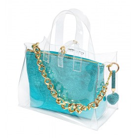 BAG -TOTE- CLEAR PVC WITH GOLD CHAIN,METALLIC LARGE POUCH & HEART KEYRING "ALEX KATSAITI X STYLISHIOUS"